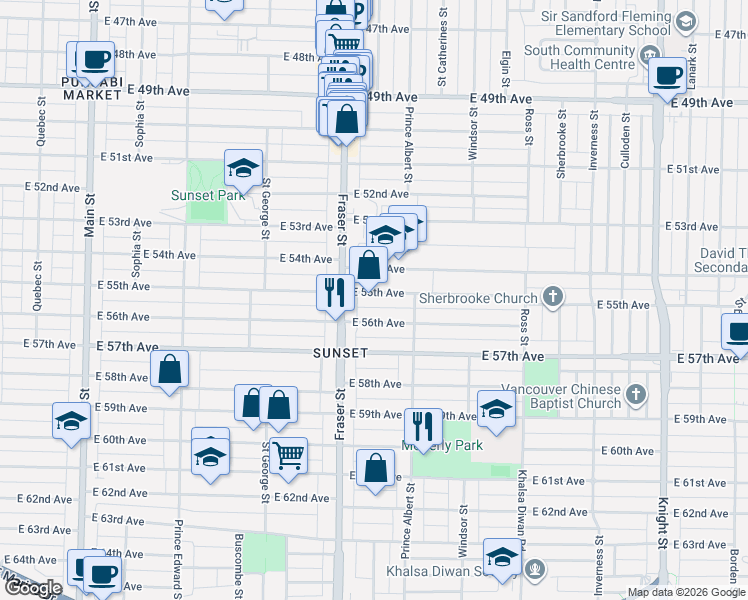 map of restaurants, bars, coffee shops, grocery stores, and more near 736 East 55th Avenue in Vancouver