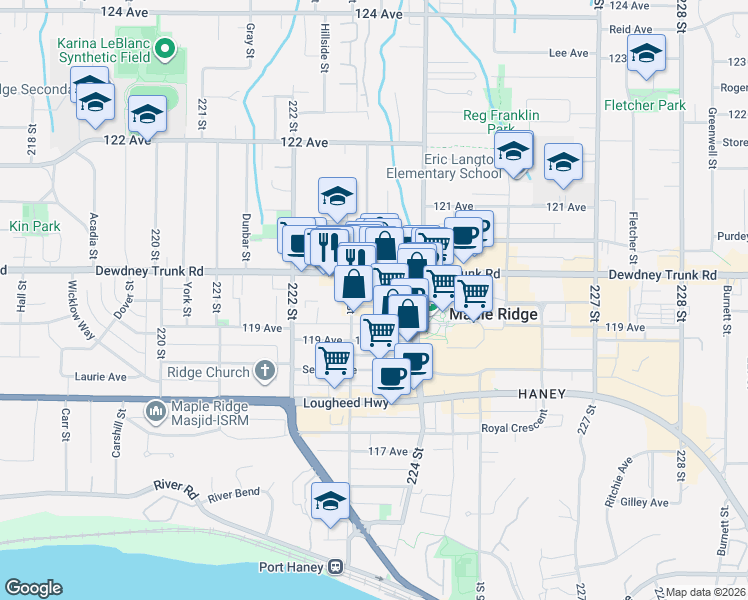 map of restaurants, bars, coffee shops, grocery stores, and more near 22335 McIntosh Avenue in Maple Ridge