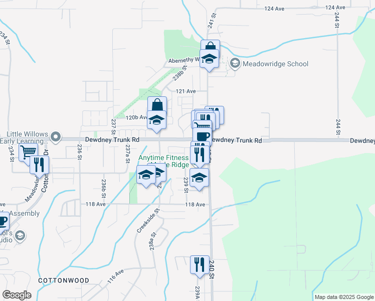 map of restaurants, bars, coffee shops, grocery stores, and more near 11972 239 Street in Maple Ridge