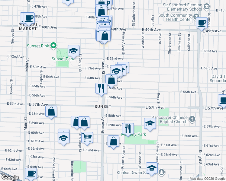 map of restaurants, bars, coffee shops, grocery stores, and more near 736 East 55th Avenue in Vancouver