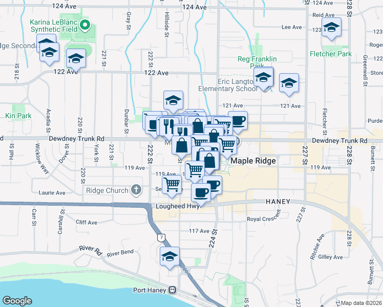 map of restaurants, bars, coffee shops, grocery stores, and more near in Maple Ridge