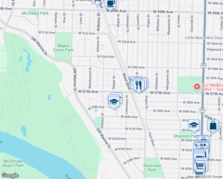 map of restaurants, bars, coffee shops, grocery stores, and more near 2015 West 57th Avenue in Vancouver