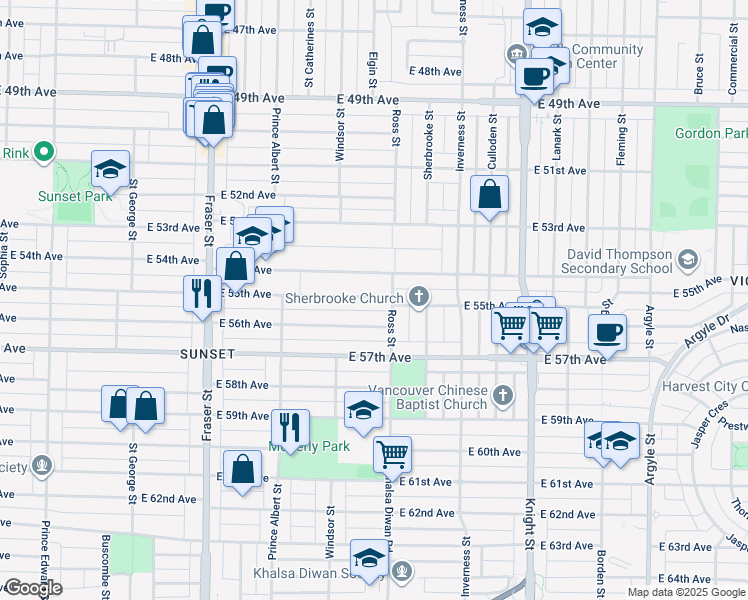 map of restaurants, bars, coffee shops, grocery stores, and more near 1072 East 55th Avenue in Vancouver