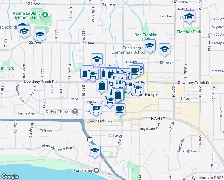 map of restaurants, bars, coffee shops, grocery stores, and more near 22355 McIntosh Avenue in Maple Ridge