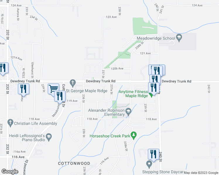 map of restaurants, bars, coffee shops, grocery stores, and more near 11957 237A Street in Maple Ridge
