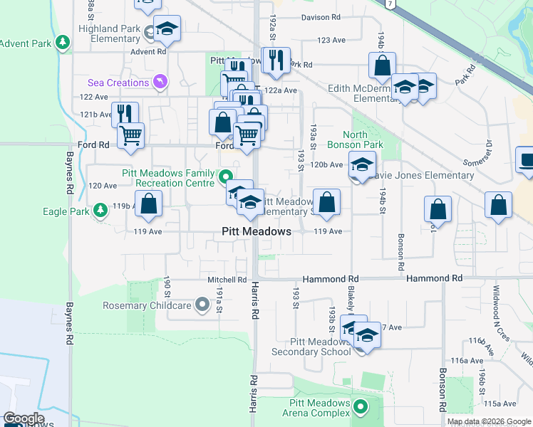 map of restaurants, bars, coffee shops, grocery stores, and more near in Pitt Meadows
