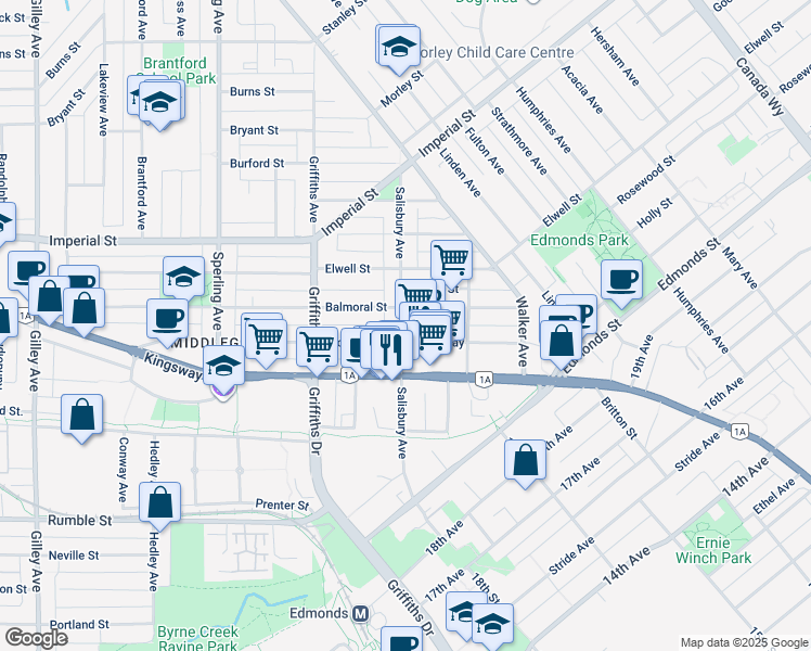 map of restaurants, bars, coffee shops, grocery stores, and more near 7057 Arcola Street in Burnaby