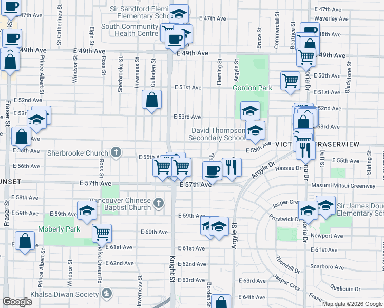 map of restaurants, bars, coffee shops, grocery stores, and more near 1475 East 55th Avenue in Vancouver