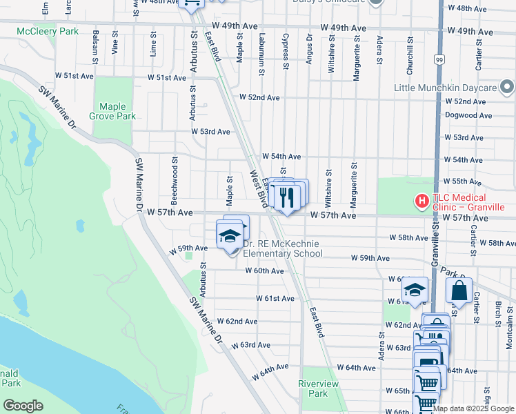 map of restaurants, bars, coffee shops, grocery stores, and more near 1919 West 57th Avenue in Vancouver