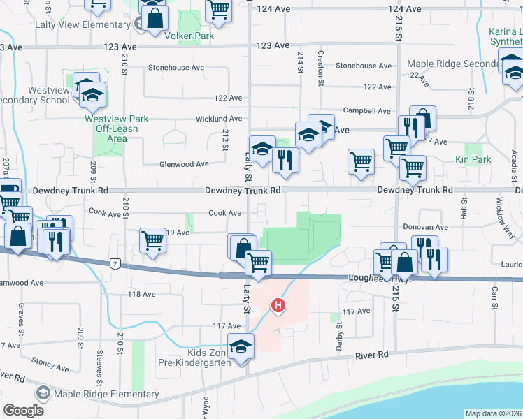 map of restaurants, bars, coffee shops, grocery stores, and more near 11934 Laity Street in Maple Ridge