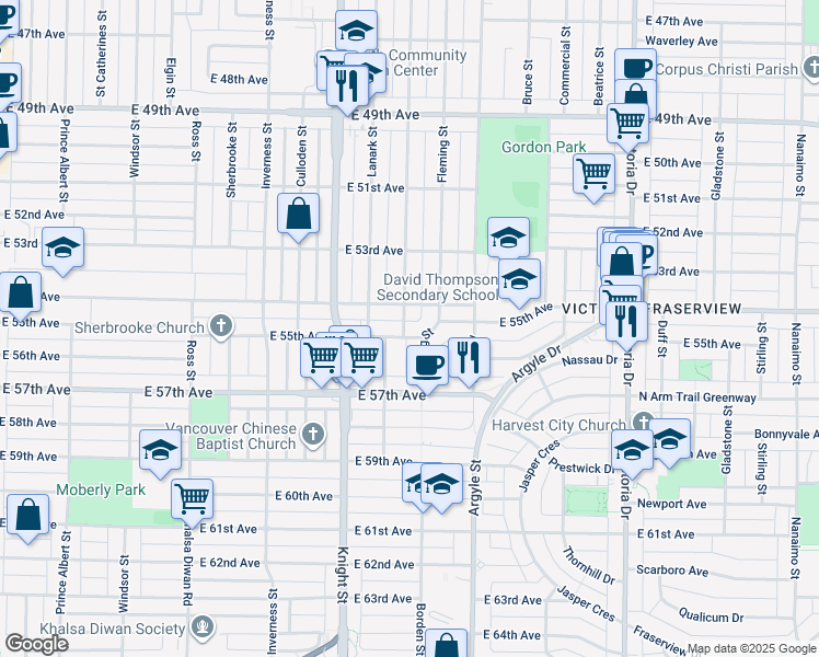 map of restaurants, bars, coffee shops, grocery stores, and more near 1507 East 55th Avenue in Vancouver