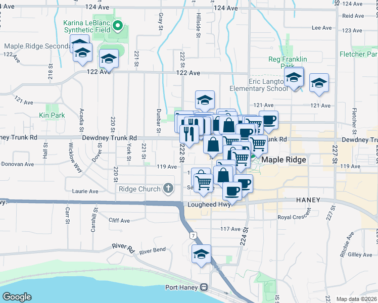 map of restaurants, bars, coffee shops, grocery stores, and more near 11960 222 Street in Maple Ridge