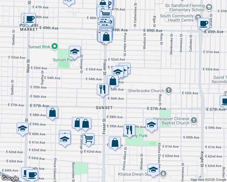 map of restaurants, bars, coffee shops, grocery stores, and more near 730 East 55th Avenue in Vancouver