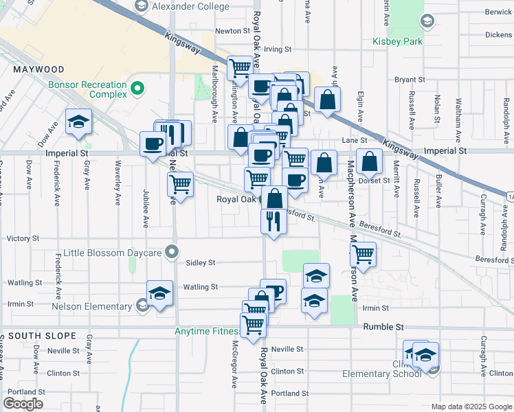 map of restaurants, bars, coffee shops, grocery stores, and more near 6969 Royal Oak Avenue in Burnaby