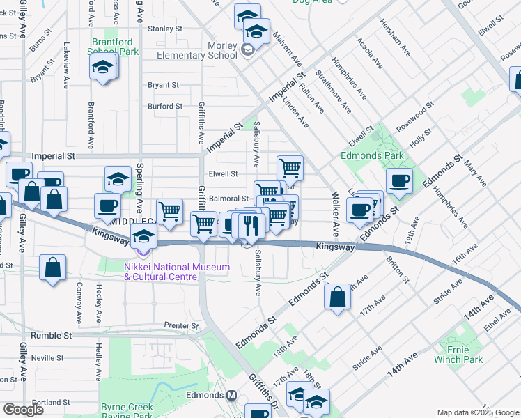 map of restaurants, bars, coffee shops, grocery stores, and more near 7035 Arcola Street in Burnaby