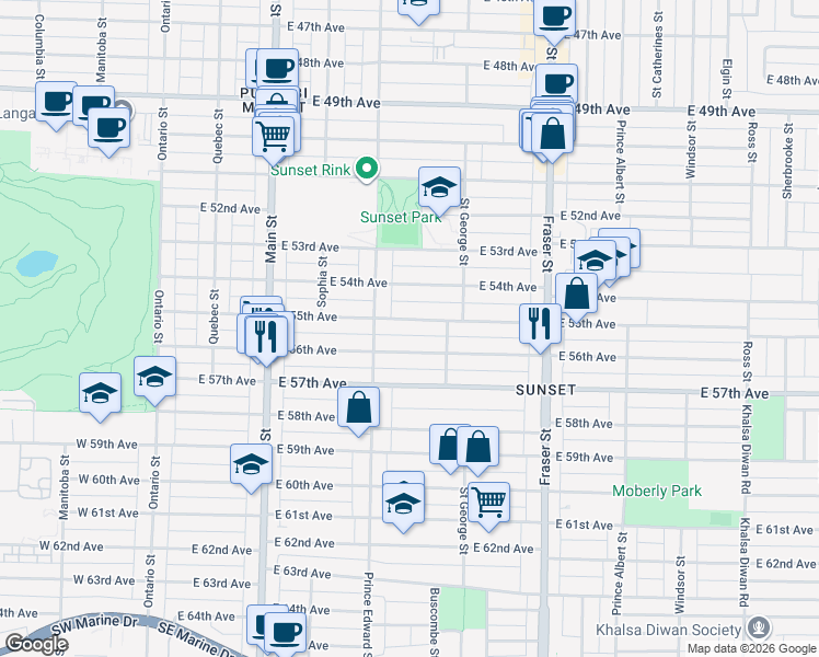 map of restaurants, bars, coffee shops, grocery stores, and more near in Vancouver