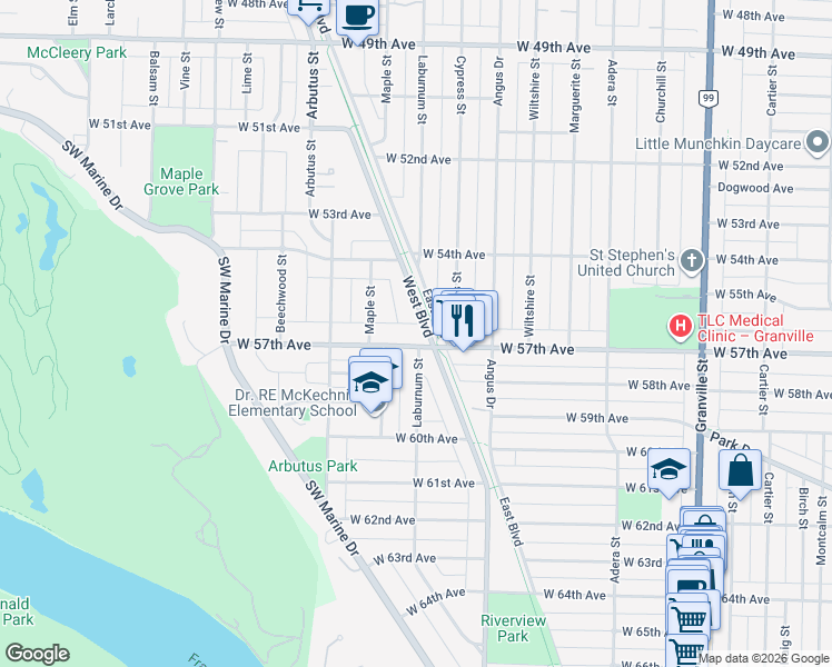 map of restaurants, bars, coffee shops, grocery stores, and more near in Vancouver