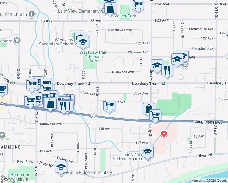 map of restaurants, bars, coffee shops, grocery stores, and more near 21077 Cook Avenue in Maple Ridge