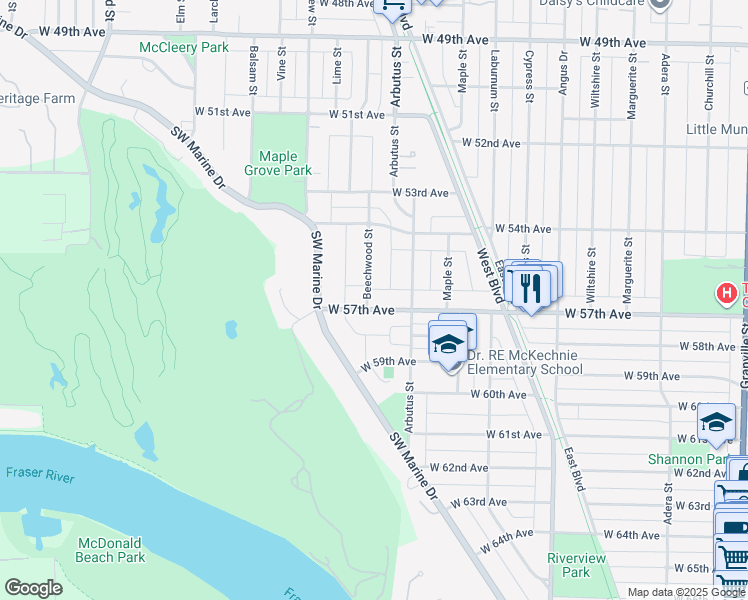 map of restaurants, bars, coffee shops, grocery stores, and more near 7298 Beechwood Street in Vancouver