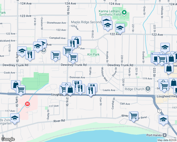 map of restaurants, bars, coffee shops, grocery stores, and more near 11951 Hall Street in Maple Ridge