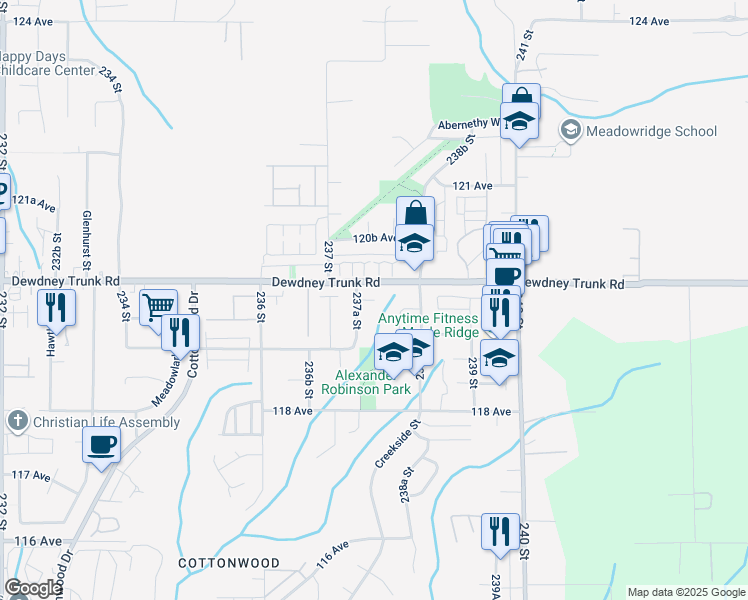 map of restaurants, bars, coffee shops, grocery stores, and more near 23780 119B Avenue in Maple Ridge