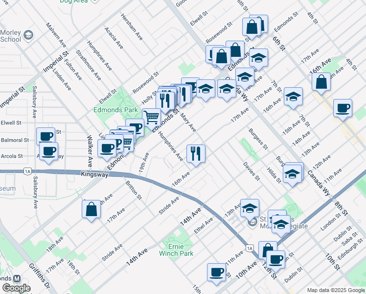 map of restaurants, bars, coffee shops, grocery stores, and more near 7452 18th Avenue in Burnaby