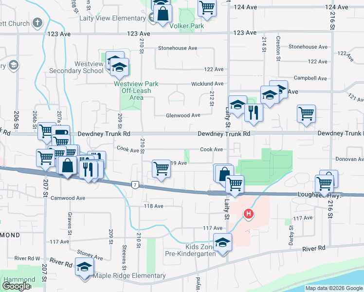 map of restaurants, bars, coffee shops, grocery stores, and more near 21139 Cook Avenue in Maple Ridge