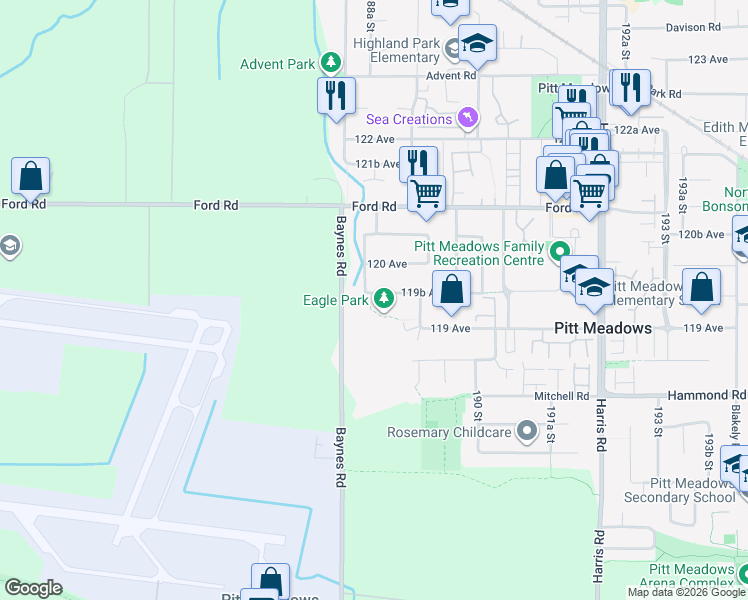 map of restaurants, bars, coffee shops, grocery stores, and more near 18850 119B Avenue in Pitt Meadows