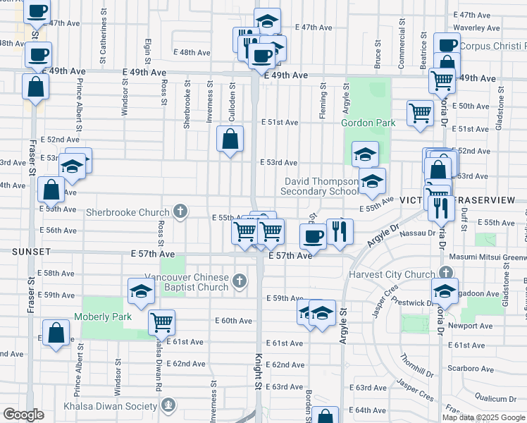 map of restaurants, bars, coffee shops, grocery stores, and more near 7070 Knight Street in Vancouver