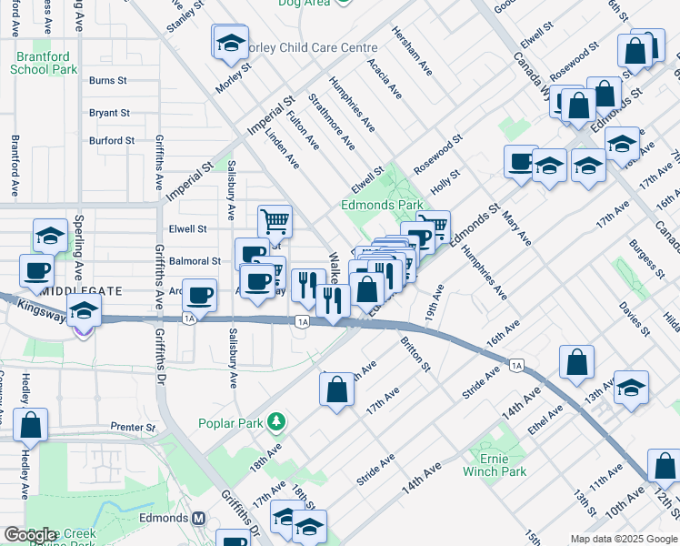map of restaurants, bars, coffee shops, grocery stores, and more near 7064 Walker Avenue in Burnaby