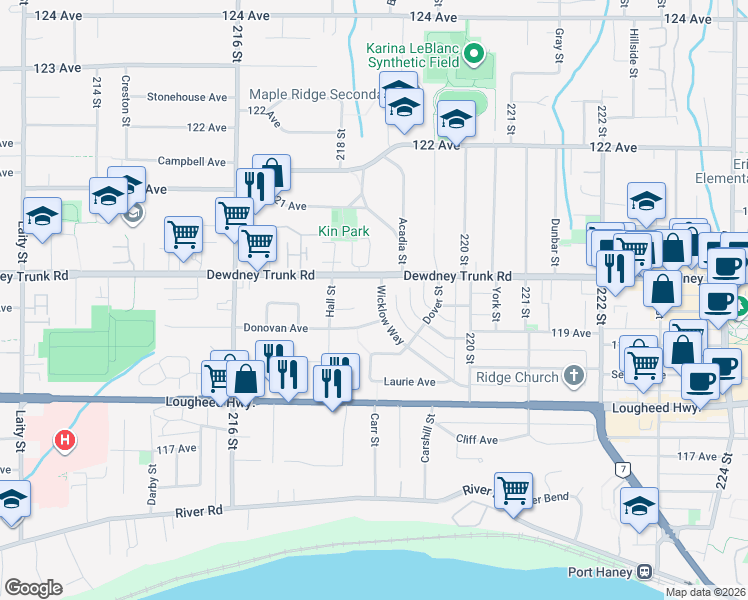 map of restaurants, bars, coffee shops, grocery stores, and more near 11979 Wicklow Way in Maple Ridge