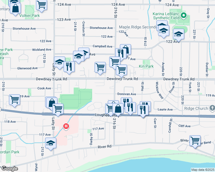 map of restaurants, bars, coffee shops, grocery stores, and more near 21568 Ashbury Court in Maple Ridge