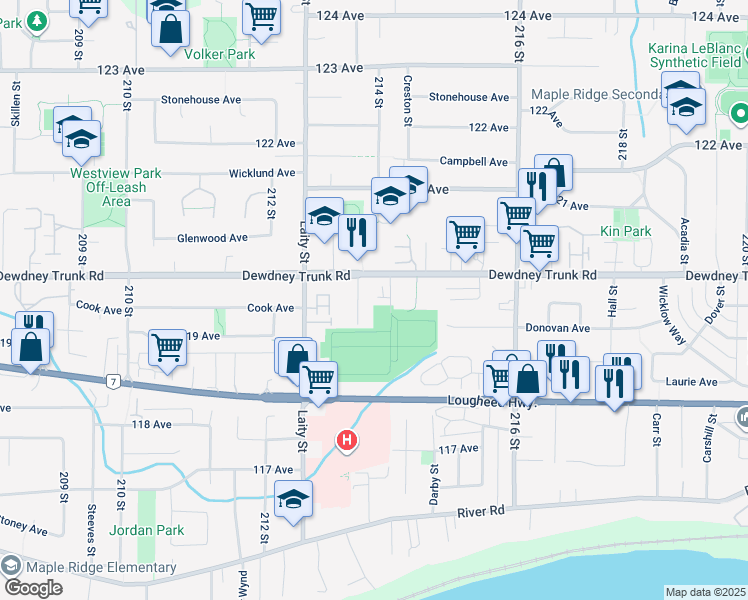 map of restaurants, bars, coffee shops, grocery stores, and more near 11952 214 Street in Maple Ridge