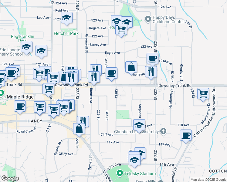 map of restaurants, bars, coffee shops, grocery stores, and more near 11975 230 Street in Maple Ridge