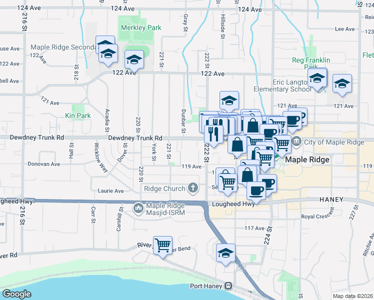 map of restaurants, bars, coffee shops, grocery stores, and more near in Maple Ridge