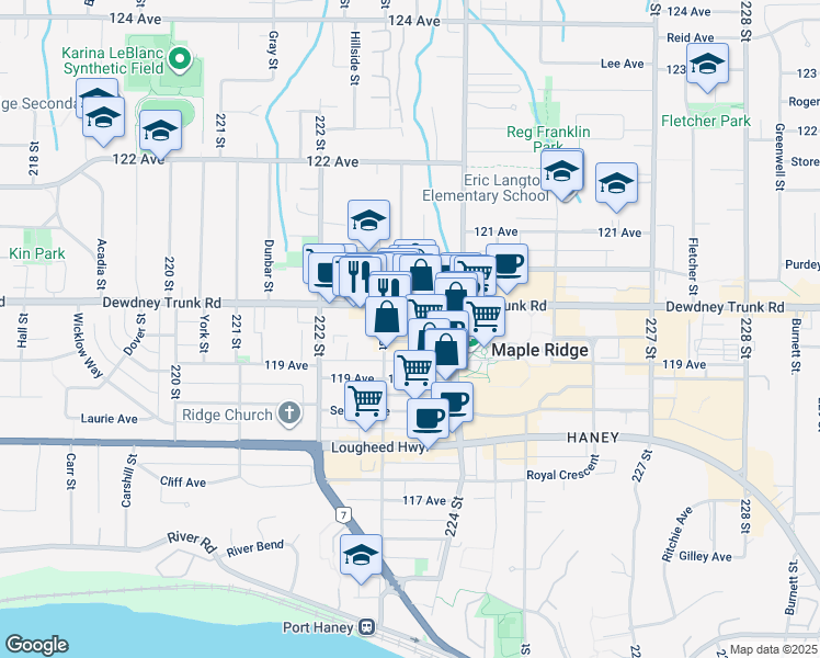 map of restaurants, bars, coffee shops, grocery stores, and more near 22335 McIntosh Avenue in Maple Ridge
