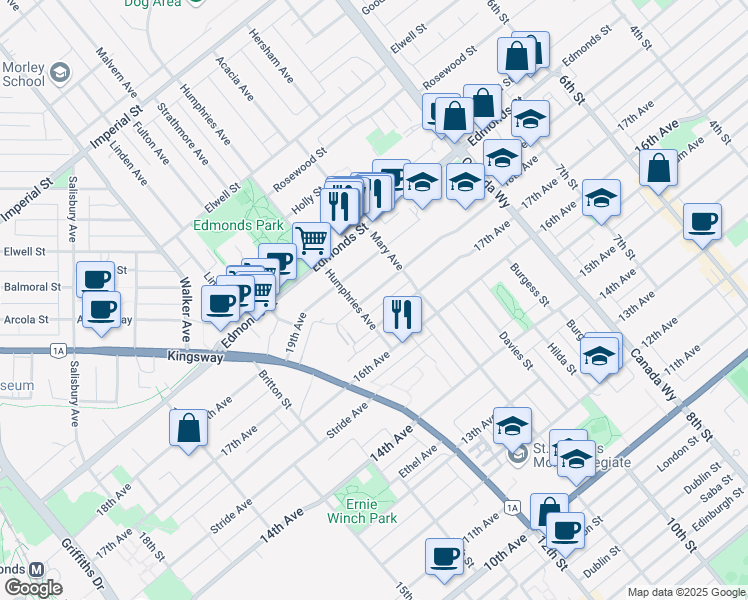 map of restaurants, bars, coffee shops, grocery stores, and more near 7452 18th Avenue in Burnaby