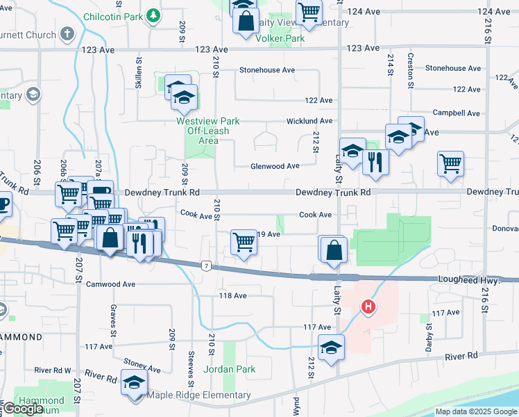 map of restaurants, bars, coffee shops, grocery stores, and more near 21087 Cook Avenue in Maple Ridge