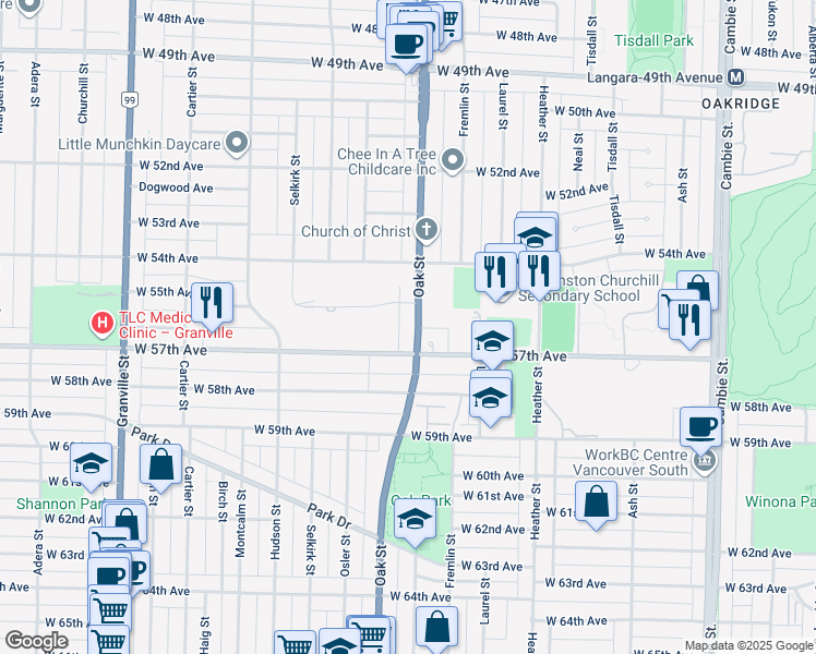 map of restaurants, bars, coffee shops, grocery stores, and more near 7239 Oak Street in Vancouver