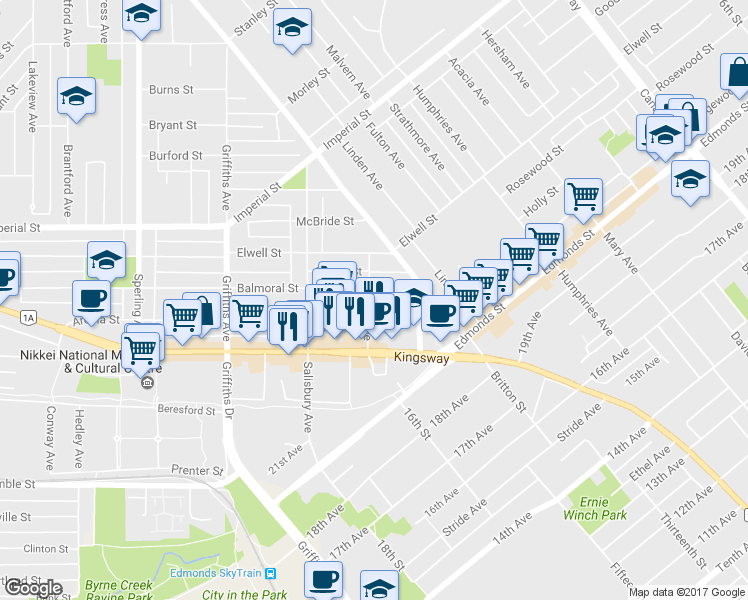 map of restaurants, bars, coffee shops, grocery stores, and more near 7063 Hall Avenue in Burnaby