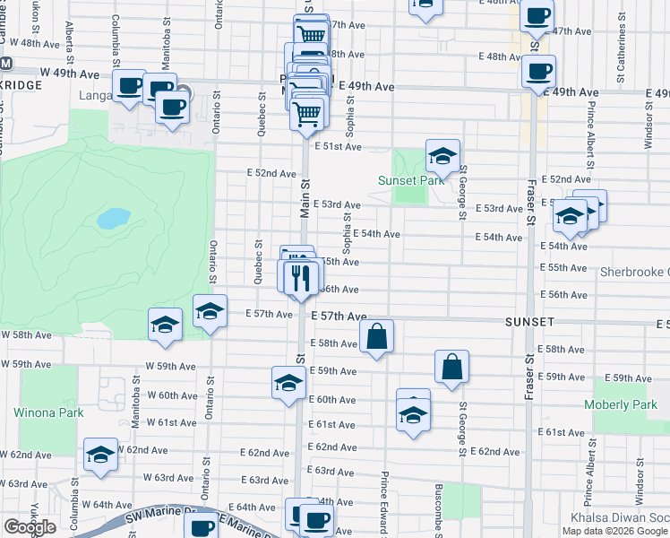 map of restaurants, bars, coffee shops, grocery stores, and more near 266 East 55th Avenue in Vancouver