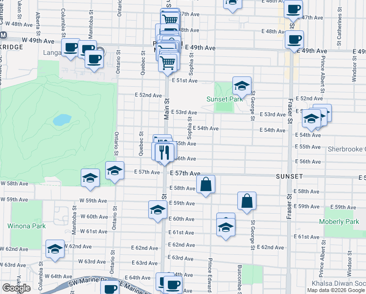 map of restaurants, bars, coffee shops, grocery stores, and more near in Vancouver