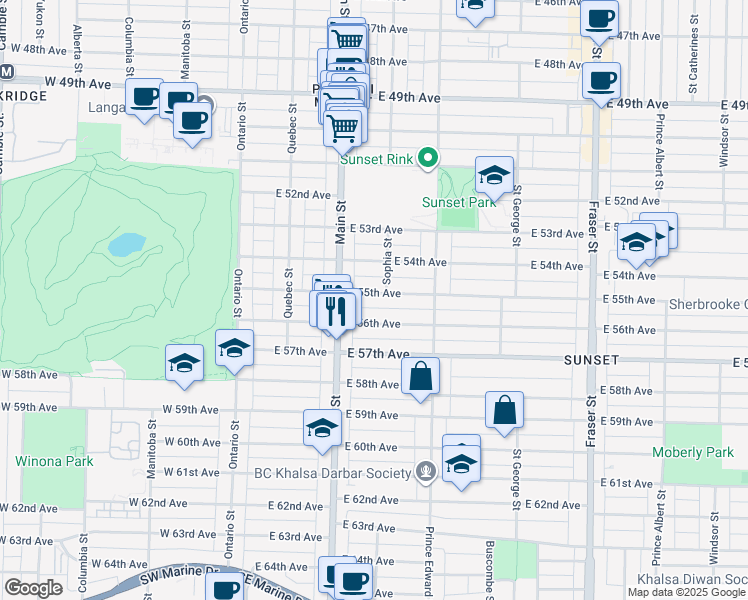 map of restaurants, bars, coffee shops, grocery stores, and more near 266 East 55th Avenue in Vancouver