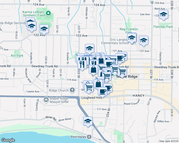 map of restaurants, bars, coffee shops, grocery stores, and more near 11963 223 Street in Maple Ridge