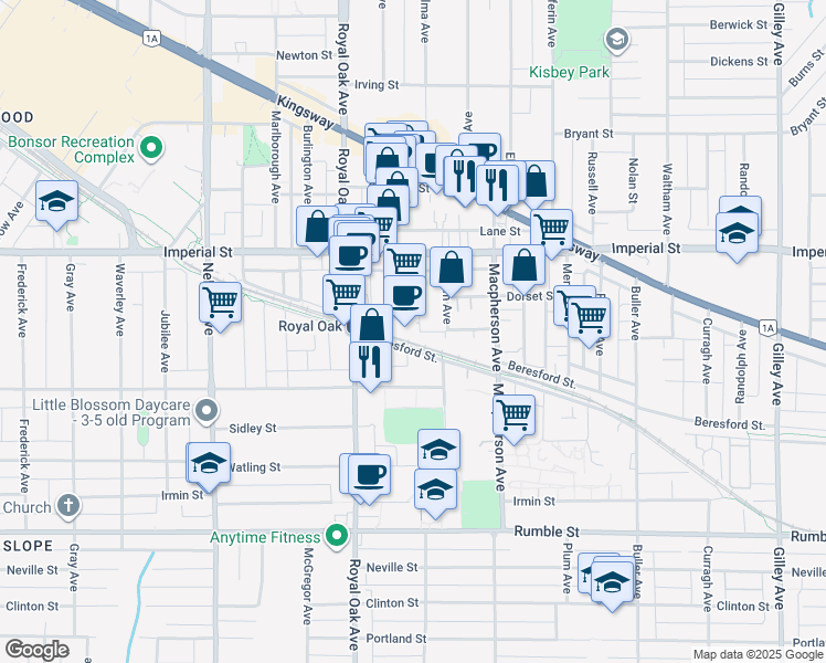 map of restaurants, bars, coffee shops, grocery stores, and more near 6984 Palm Avenue in Burnaby