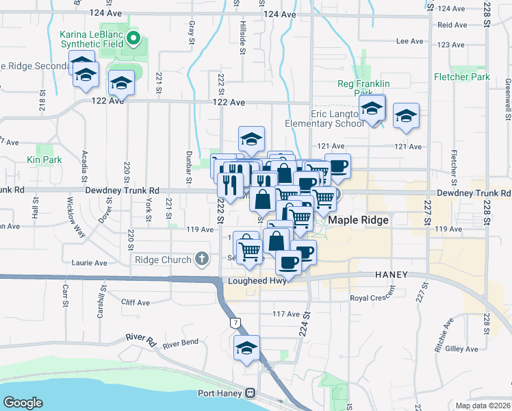 map of restaurants, bars, coffee shops, grocery stores, and more near in Maple Ridge
