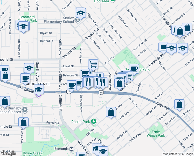 map of restaurants, bars, coffee shops, grocery stores, and more near 7178 Collier Street in Burnaby