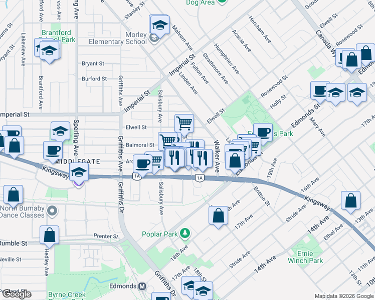map of restaurants, bars, coffee shops, grocery stores, and more near 7178 Collier Street in Burnaby