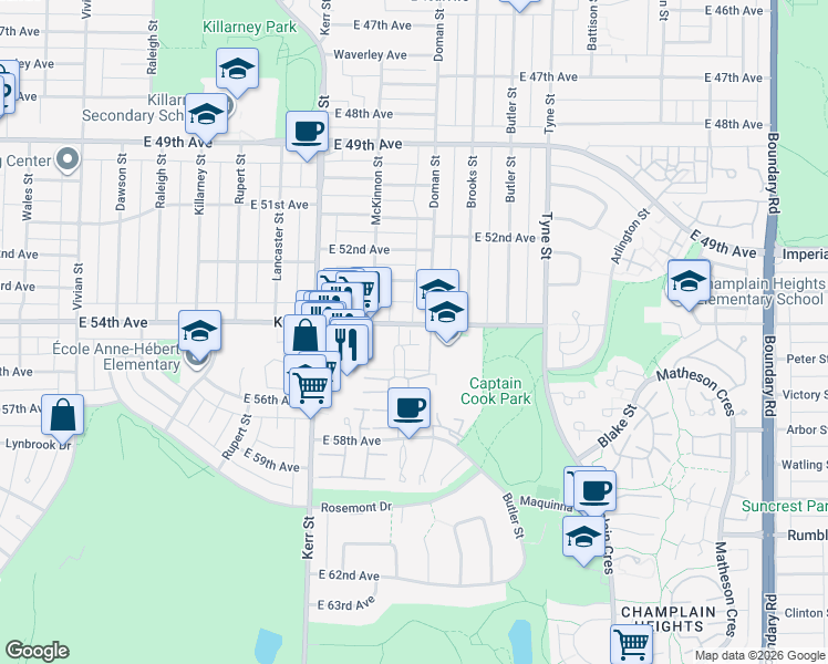 map of restaurants, bars, coffee shops, grocery stores, and more near 3284 East 54th Avenue in Vancouver