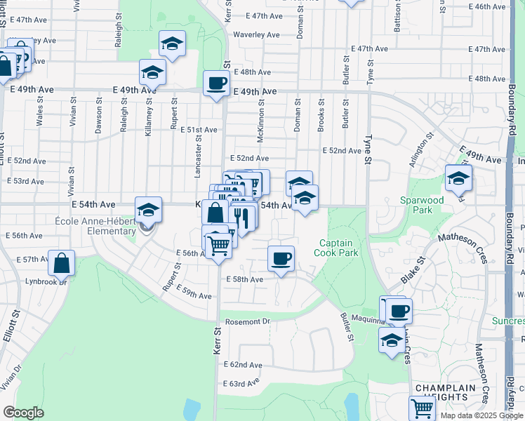 map of restaurants, bars, coffee shops, grocery stores, and more near 3236 East 54th Avenue in Vancouver